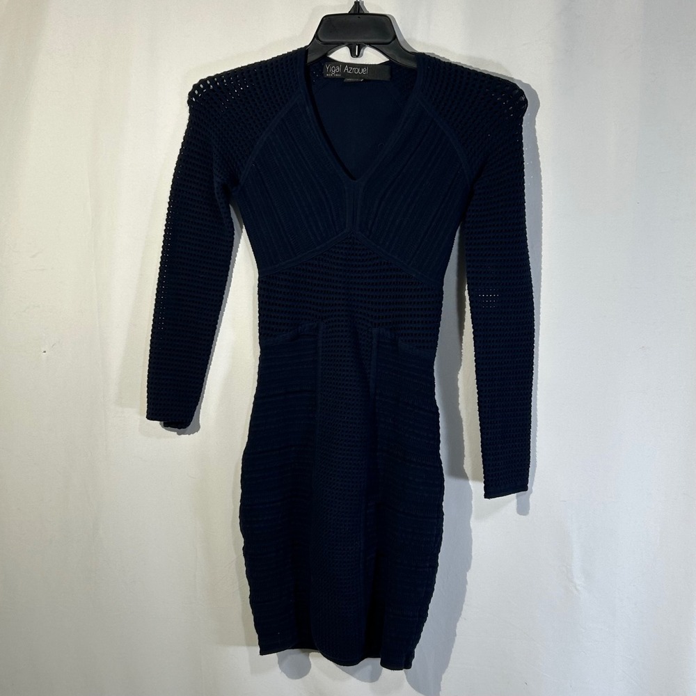 Yigal Azrouel Navy Blue Knit V Neck Long Sleeve‎ Bodycon Midi Dress Size Small